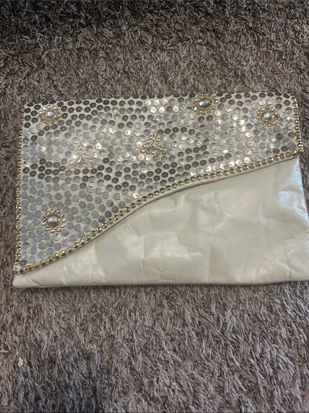 Vintage Leona Elegant White Embellished Fold-Over Clutch Bag